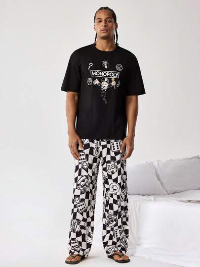MONOPOLY X SHEIN 男士卡通印花短袖上衣和裤子睡衣套装，MONOPOLY