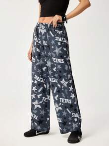 Tetris™ X SHEIN Women's Letter & Star Print Elastic Waist Wide Leg Loose Casual Pants - Grey - View 4