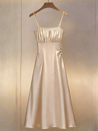 GlowEve Vestido midi de camisola de satén con cintura fruncida, elegante drapeado, adecuado para citas, trabajo, silueta favorecedora, vestido formal de alta gama