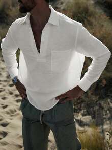 Manfinity Dauomo 男士宽松亚麻薄纱长袖衬衫 - 白色 - 查看 1