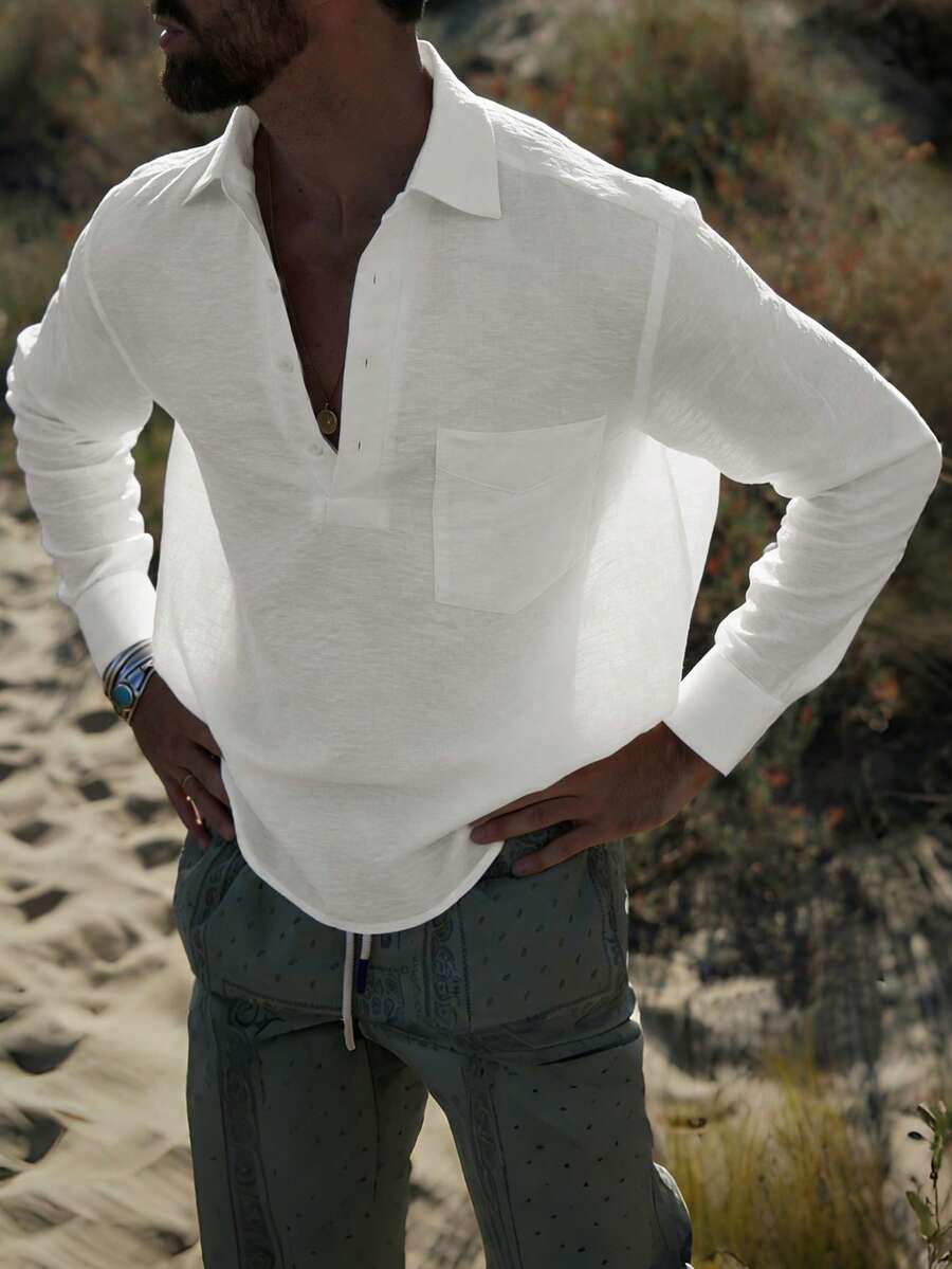 Manfinity Dauomo 男士宽松亚麻薄纱长袖衬衫 - 白色 - 查看 1