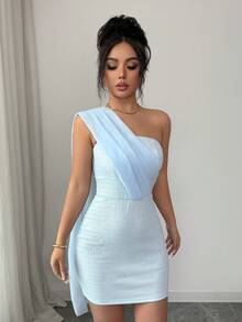 Elenzga Vestido ajustado de un solo hombro con textura elegante y romántico para mujer, de verano - Azul - Ver 6