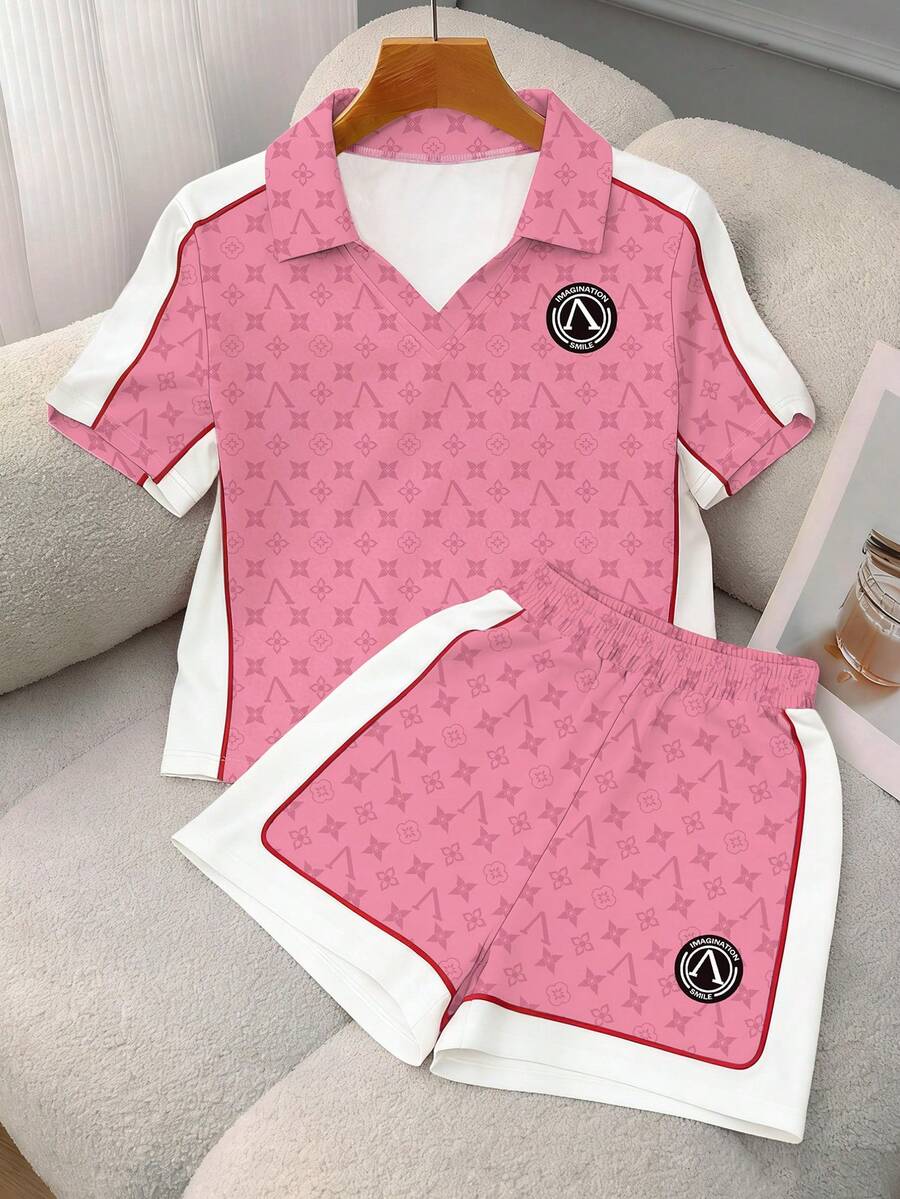 Short Double-Layer Collar Shoulder Short Sleeve Top + Side Pocket Shorts - Pink - View 1