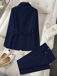 GlowEve CURVE 大码女式拼接优雅西装外套 + 直筒通勤裤 - 藏蓝色 - 查看 3