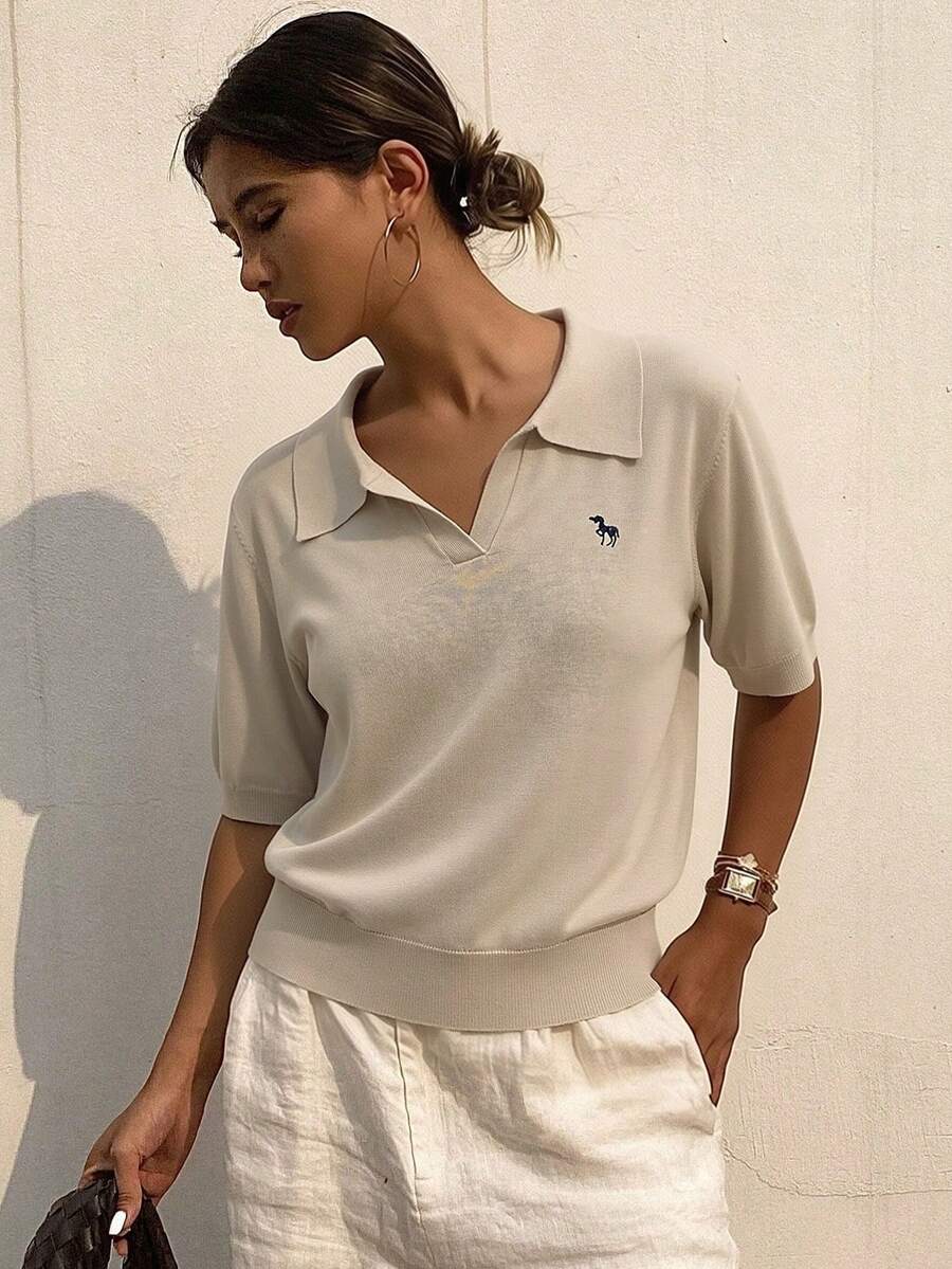 DAZY 女士条纹 Polo 领短袖休闲针织上衣,春夏款 - 米色 - 查看 1