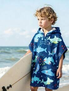 Young Boys' Sleeveless Shark Print Knit Cover-Up, Cute Blue Cartoon Design, Casual Suitable For Swimming, Beach, Pool, Summer Vacation, Holiday Kids Poncho Towel Kids Swim Suit Cover Up Kids Clothing Sun Protection Kids Swim Cover Up Kids Beach Cover Up Kids Beach Towels - Blue - View 4