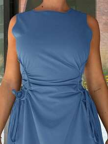 Bethéva Vestido largo negro con detalle de fruncido lateral, cruzado y sólido para una cita - Celeste - Ver 3