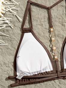 Swim Vcay Women's Summer Beach Solid Color Halter Tie Sexy Bikini Top - Coffee Brown - View 4