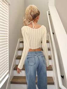 Sydney Algeri 女士纹理条纹系带长袖T恤，喇叭袖口，深色底色，秋冬Y2K风格 - 淡黃色 - 查看 2