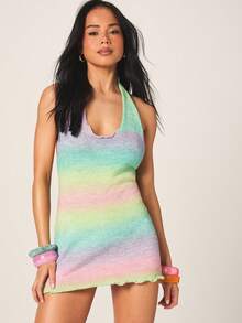 MISSGUIDED Đầm ngắn nữ nhuộm tie-dye cổ yếm hở lưng họa tiết cầu vồng, thích hợp mặc ngoài đi biển, dự tiệc mùa hè, ôm sát cơ thể. - Nhiều màu - Xem 1