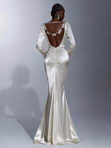 Elitara Elegante vestido de noche formal de satén crema de manga larga con pliegues en el frente, espalda abierta con volantes y bajo de sirena, vestido de fiesta - Albaricoque - Ver 3