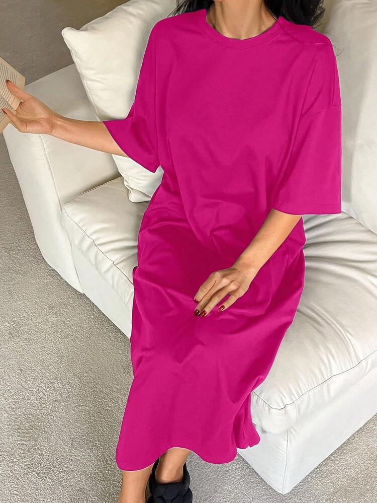 Minimalist Solid Color Loose Hem Slit T-Shirt Dress, Long Casual Dress For Summer Wear & Loungewear