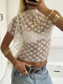 Siren Gaze 女士夏季度假休闲波点荷叶边薄纱衬衫 - 白色 - 查看 11