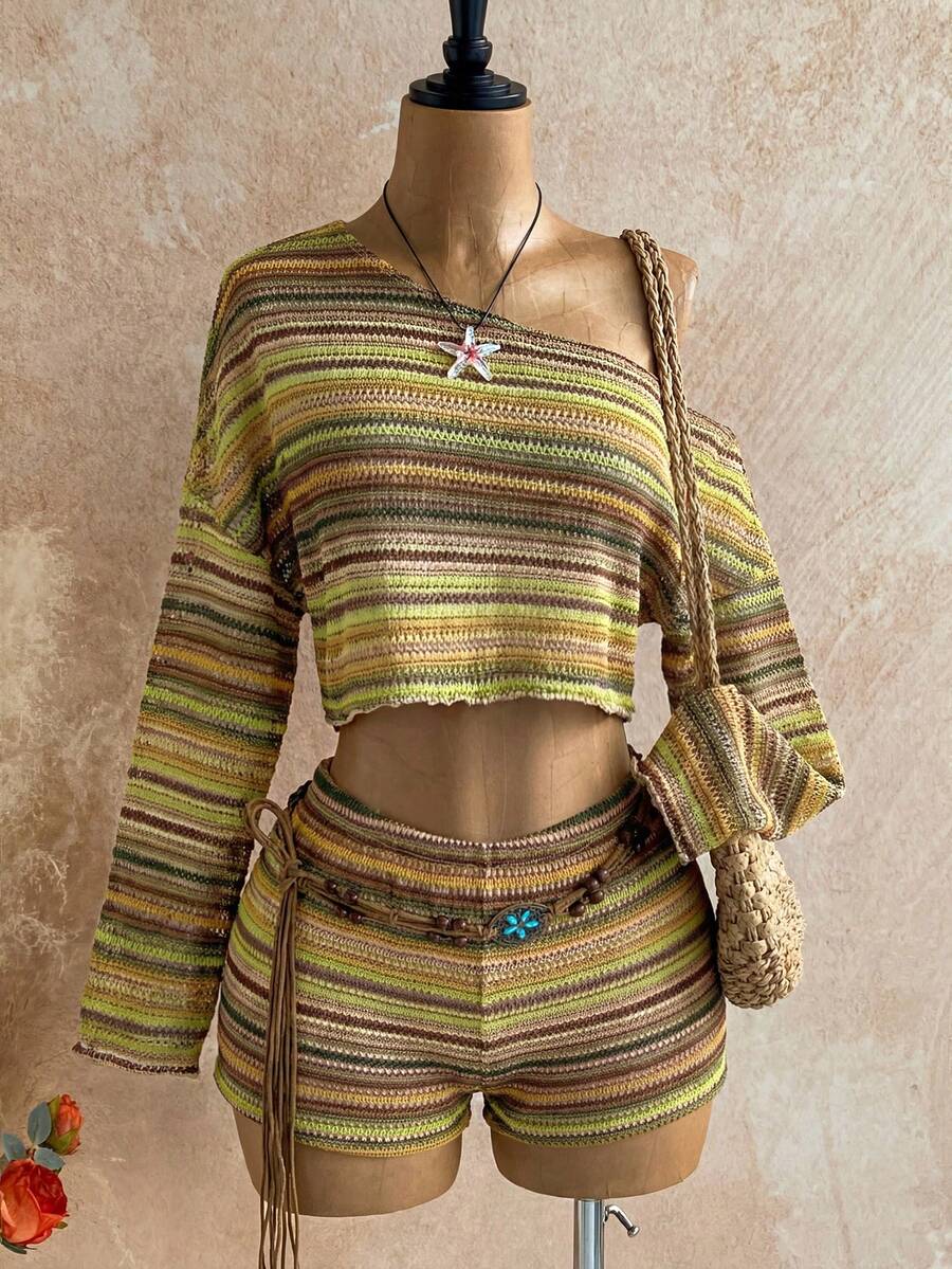 Soleia 2pcs Women Striped Asymmetric Neck Long Sleeve Top And Shorts Set - Olive Green - View 1