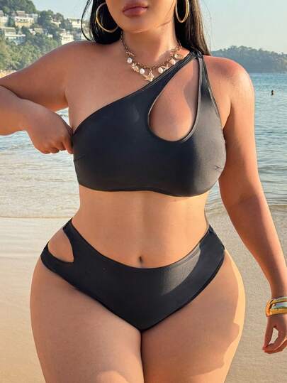 Swim SXY Plus Size Women Summer Beach Solid Color Cutout Sexy Bikini Swimwear Set