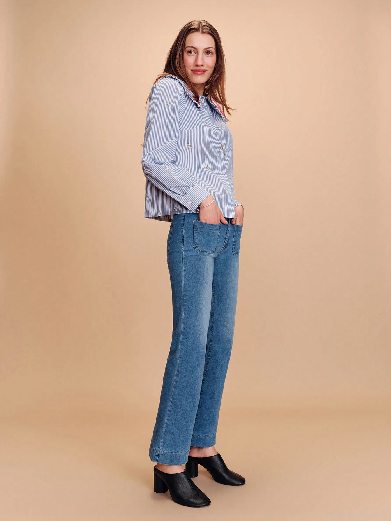 Blue Embroidered Shirt With An Oversized Collar And Contrasting Red Lace Trim Spring Summer French Style Parisian Style Business Casual