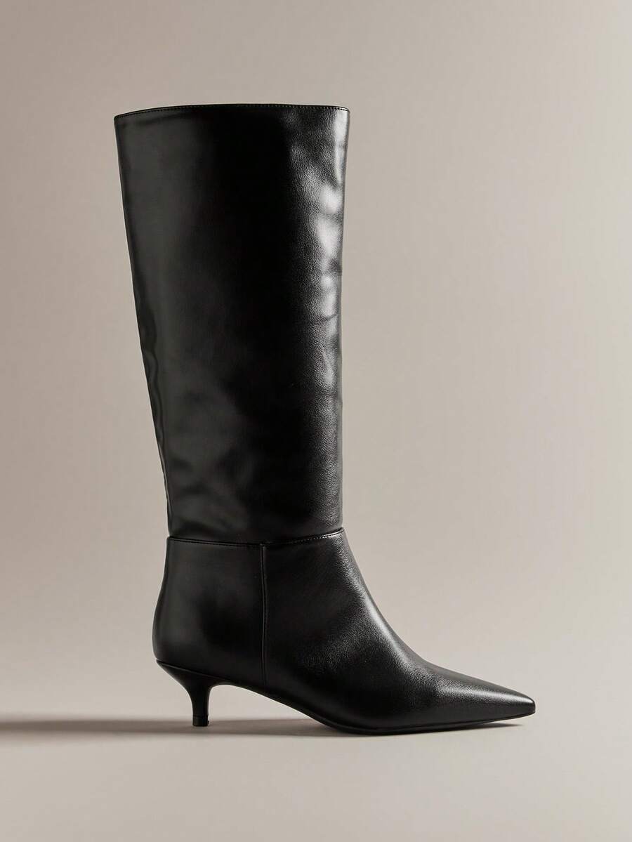 Hauture Women's Glamorous Sexy Pointed Toe Kitten Heel Knee-High Boots - Black - View 1