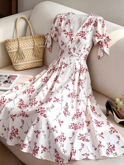 GlowEve Women's Ditsy Floral V-Neck Tie Bow Waist A-Line Dress, Charming Elegant Casual Vacation Commute Sexy Fashion Date French Street Retro Versatile Spring Summer Red White New Short Sleeve Midi Dress
