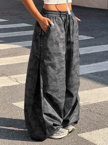 Muchica 女士休闲迷彩印花抽绳腰阔腿裤 - 黑色 - 查看 3