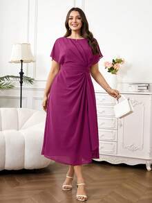 Reflora Plus Size Women's Elegant Purple Chiffon Midi Dress, Flowy Ruched Summer Wedding Party Outfits,High-Quality Spring Carnival Costume Clothes - Purple - View 6