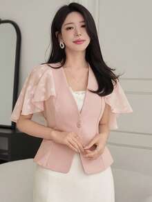 DAZY Women's Elegant Lace Patchwork V-Neck Ruffle Sleeve Blazer Jacket, Summer - Pink - View 4