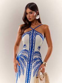 Radiana Women's Sexy Elegant Distinctive Blue Palm Tree Placement Print Fitted Dress, Sexy Spaghetti Strap Backless Dress, Dress, Tropical Print Dress, Stretchy Knit Dress, Bohemian Style Vacation Dress, Scarf Print Dress, Island Holiday Dress, Beach Dress, Holiday Travel Dress - Blue - View 4