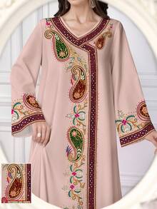 SHEIN Najma 腰果花几何刺绣印花V领女士长袖连衣裙，优雅阿拉伯时尚服饰，春夏款 - 彩色 - 查看 1