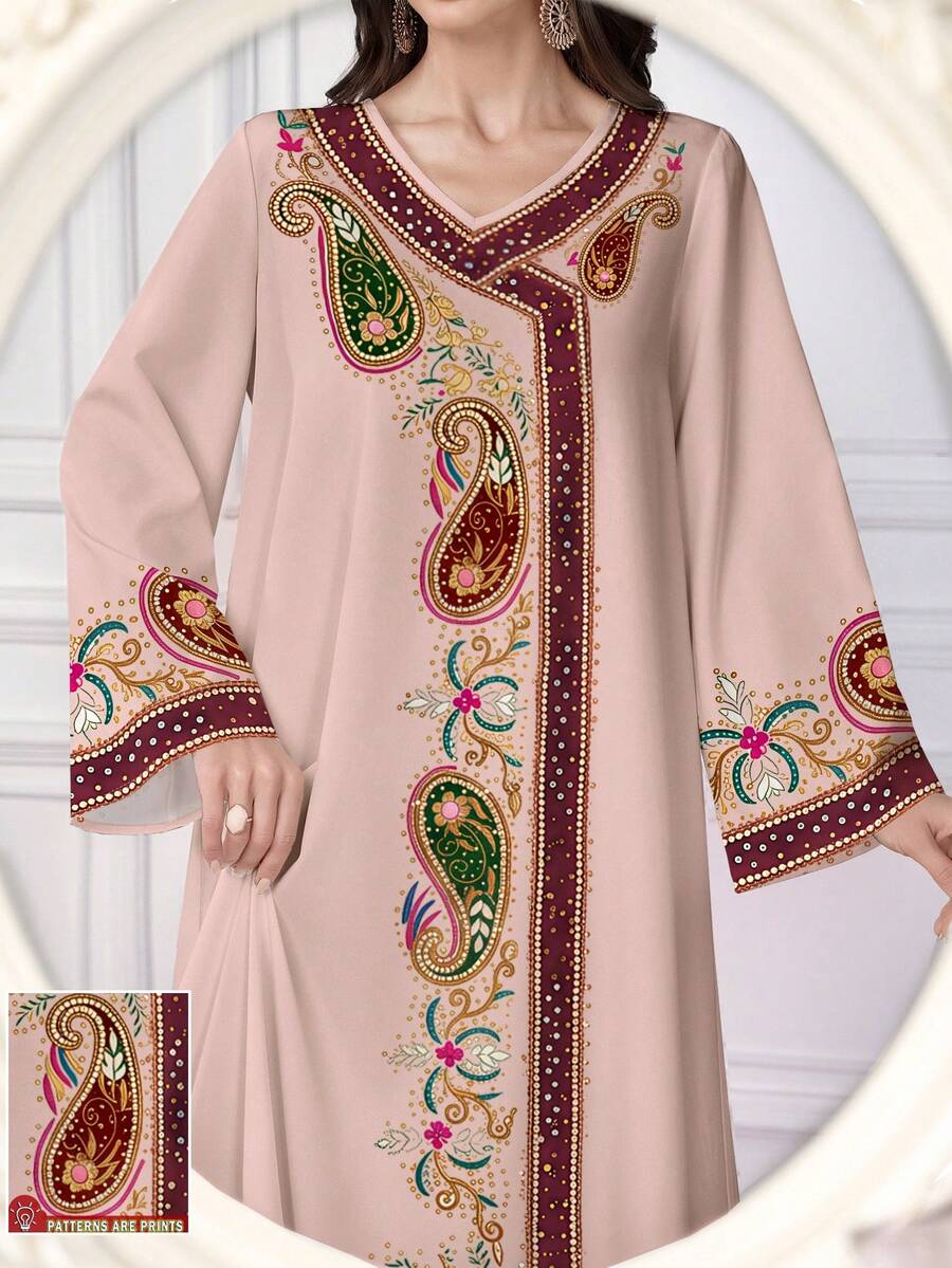 SHEIN Najma 腰果花几何刺绣印花V领女士长袖连衣裙，优雅阿拉伯时尚服饰，春夏款 - 彩色 - 查看 1