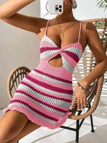 SHEIN Swim 休闲度假沙滩条纹多功能罩衫连衣裙，打结荷叶边下摆性感镂空纹理设计，春夏款 - 粉色 - 查看 5