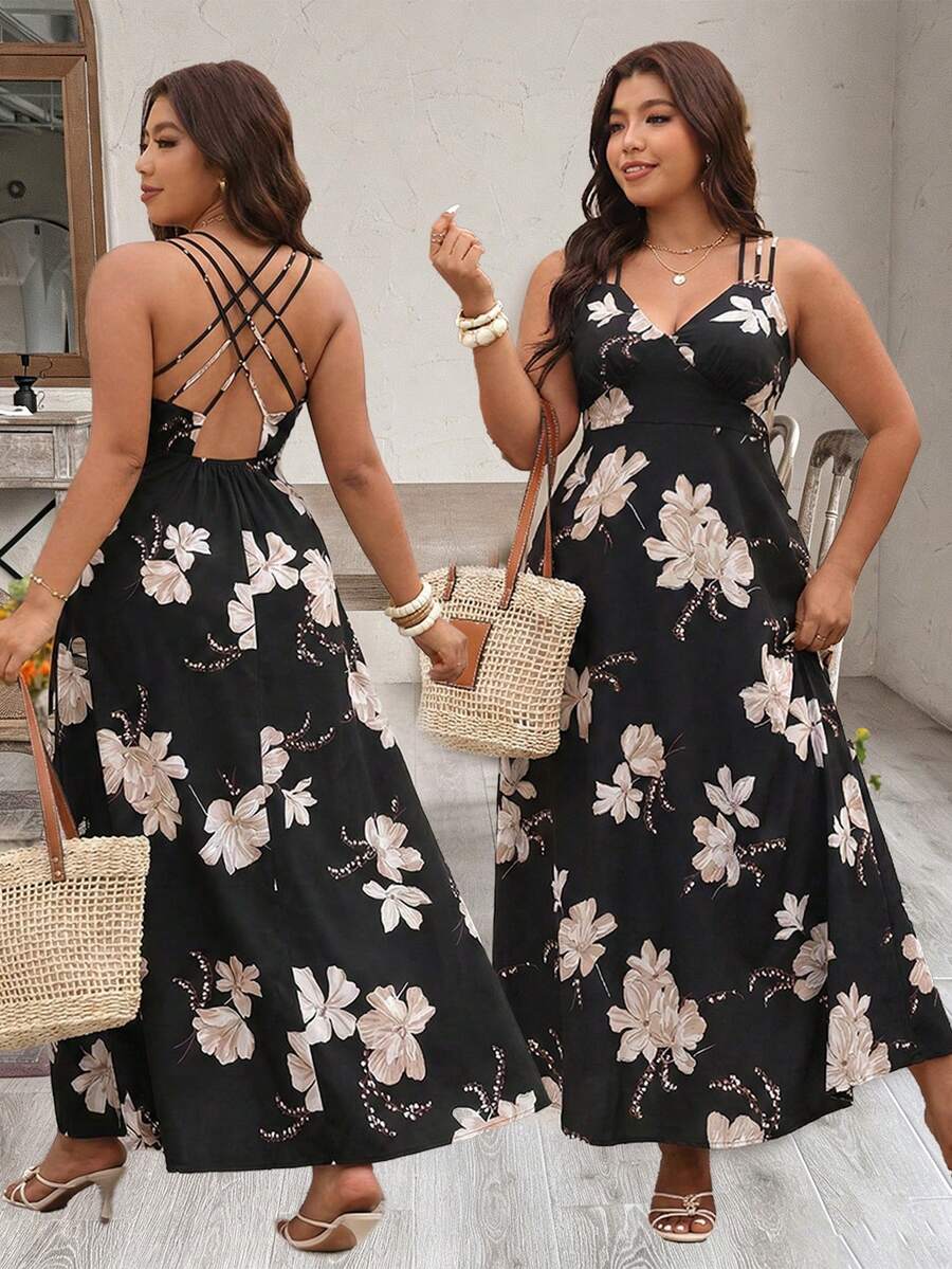 EMERY ROSE Women's Floral Criss-Cross Backless V-Neck Cinched Waist Slip Dress, Suitable For Beach, Date, Party, Spring/Summer Women Vacation Dress Backless Sundress Black Floral Dress Summer Maxi Dress Women Backless Summer Dress - Multicolor - View 1