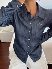 DAZY 女款純色修身腰長袖休閒優雅夏季襯衫校園風 - 藍色 - 查看 6