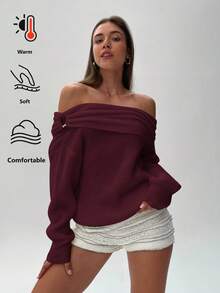Aloruh 女士秋冬新款露肩设计露肩长袖针织毛衣 - 酒紅色 - 查看 1