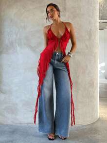 Aloruh Áo kiểu chiffon cổ yếm gợi cảm dành cho nữ - Đỏ - Xem 4