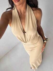 Aloruh 女士度假连衣裙，纯色茄紫色深V领性感优雅露背吊带连衣裙，女士沙滩罩衫 - 杏色 - 查看 6