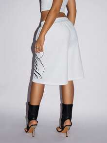 SHEIN ICON Women's Letter Print Elastic Waist Pockets Loose Casual Shorts - White - View 2