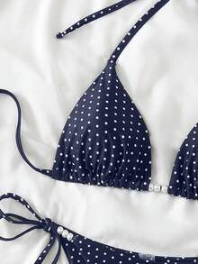 Swim Basics 女士性感两件套波点随机印花挂脖系带珍珠装饰比基尼套装，夏季 - 藏蓝色 - 查看 4