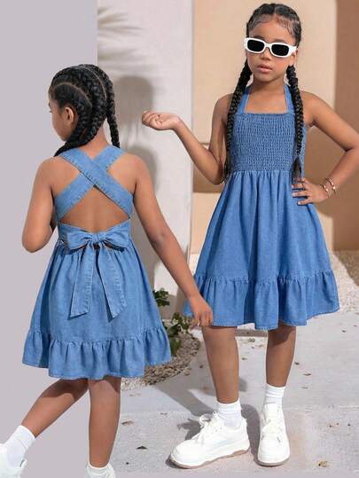 Tween Girls Summer Boho Cacation Causal Open Back Bowknot Decor Elastic Waist Short Denim A Line Dress,With Ruffled Hem And Back Tie Bowknot, Summer Break Clothes Deinm Jeans Outfits,Spring / Summer,Comfortable & Chic Outfits,Casual & Street Style, Summer,Suitable For Spring And Summer Wear,Summer Holiday Boho Outfits,Women Summer Denim Short,Beach Vacation Holiday Outfits For Women,Drawstring Waist Shorts,Summer Clothing,Vacation Style,For Beach Vacation,Y2k Clothes Outfits,Graduation Outfit