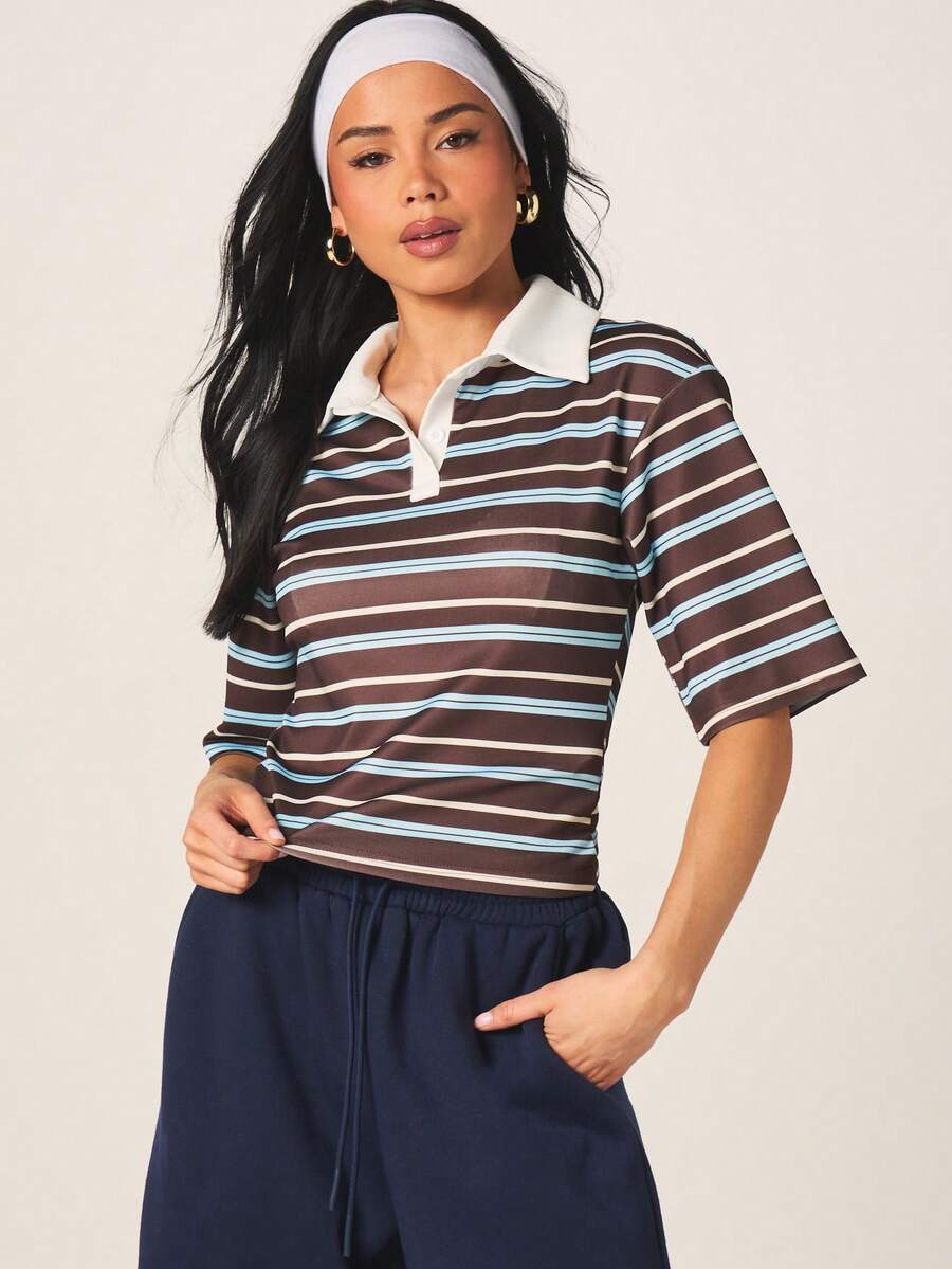 MISSGUIDED Women's Retro Striped Polo Shirt Short Sleeve Collared Button Up Casual Spring Summer Top - Multicolor - View 1