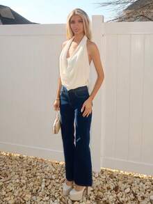 Sydney Algeri Y2K 女士垂褶领双层衬衫，不对称下摆，侧边褶皱垂褶上衣，时尚奶油色女士围巾上衣，女士派对礼服 - 杏色 - 查看 4