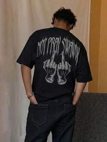 Manfinity Unisex Men's Casual Hand Gesture & Letter Print Short Sleeve T-Shirt Hip Hop Tee Shirts Street Wear Metal Band T Shirt Street Wear Tee Heavy Weight T Shirt - Black - View 5