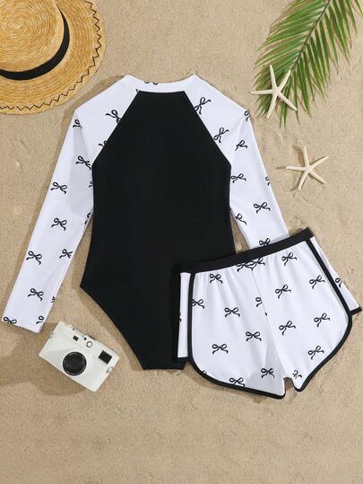 SHEIN Bộ đồ bơi Tankini cho bé gái tuổi teen, thiết kế nơ và khóa kéo, gồm áo croptop không tay và quần short, thích hợp cho bơi lội, bãi biển, hồ bơi, kỳ nghỉ hè và tiệc tùng.