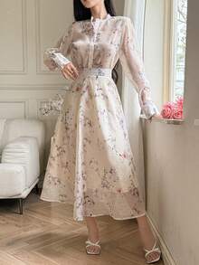 DAZY 女士印花宽松立领衬衫和宽松长裙优雅度假风两件套 - 杏色 - 查看 6