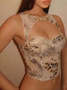 SHEIN BAE Women's Leopard Print Hollow Out Sexy Camisole, Leopard Women's Top , Going Out, Music Festival, Summer Top,Leopard Print ,Club,Sexy Top,Summer ,Party ,Beach,Cute Top,Club Sexy - Brown - View 2