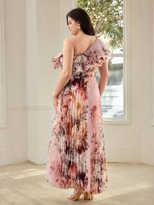 MOTF PREMIUM PLUS SIZE WOMEN'S FLORAL PRINT ASYMMETRICAL NECK PLEATED DRESS, SPRING/SUMMER - Pink - View 3
