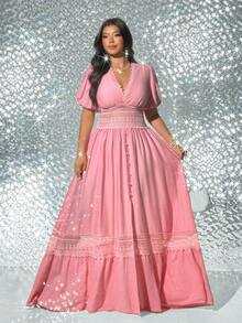 Viva Relle Robe grande taille à encolure en V romantique avec taille cintrée, style français - Rose bonbon - Voir 3