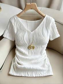 Franclia Women Textured V-Neck Knit Short Sleeve Top - White - View 1