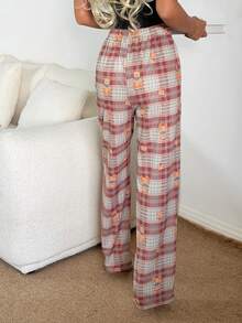 SHEIN Napfluff 女士休闲熊格纹印花弹力腰直筒家居裤 - 彩色 - 查看 2