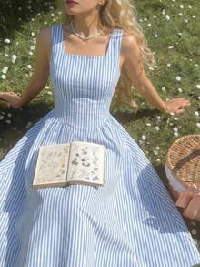 少女度假风方领无袖蓝白条纹优雅中长连衣裙 - 藍色 - 查看 2