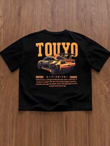 HIMLAND 男士日常通勤学院街头风复古赛车印花T恤 - 黑色 - 查看 1