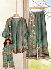 Rusticease Conjunto de 2 piezas con blusa de estampado floral casual y pantalones anchos y sueltos, adecuado para mujeres de talla grande en primavera/verano, oficina, viajes - Multicolor - Ver 1
